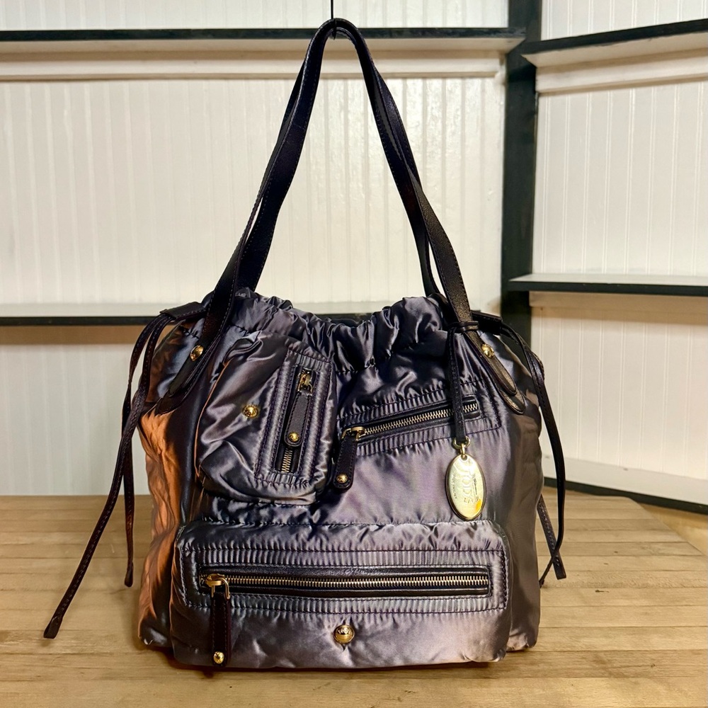 Tods Metallic Purple Silk Puffed Nylon Shoulder Bag